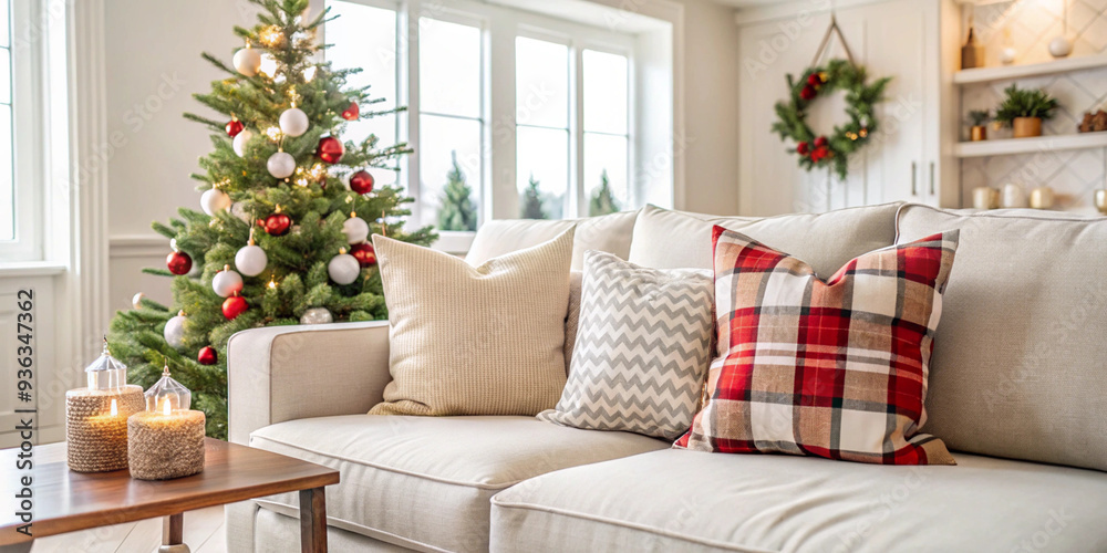 Square throw pillow mockup on a couch in a light and bright modern farmhouse-styled living room decorated for Christmas Square throw pillow mockup on a couch in a light and bright modern farmhouse-styled living room decorated for Christmas