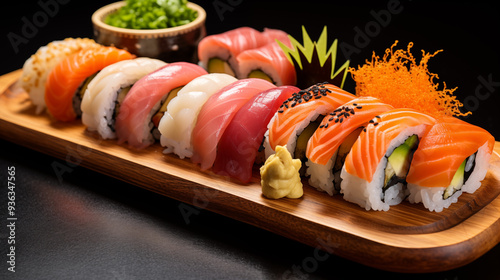 A mouthwatering plate of sushi rolls sashimi