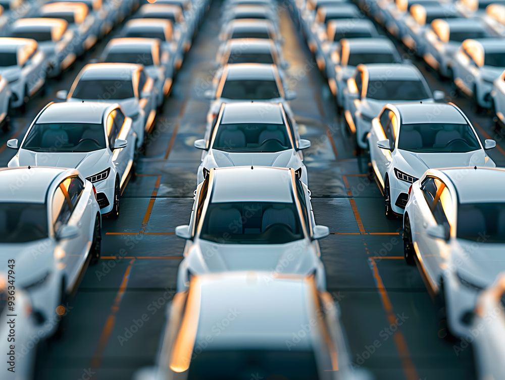 Fototapeta premium Rows of new white cars at the factory. Neural network AI generated art