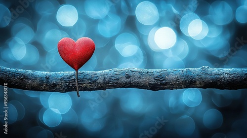   A red heart sits atop a branch before a blurry blue background, dotted with faint light sources photo