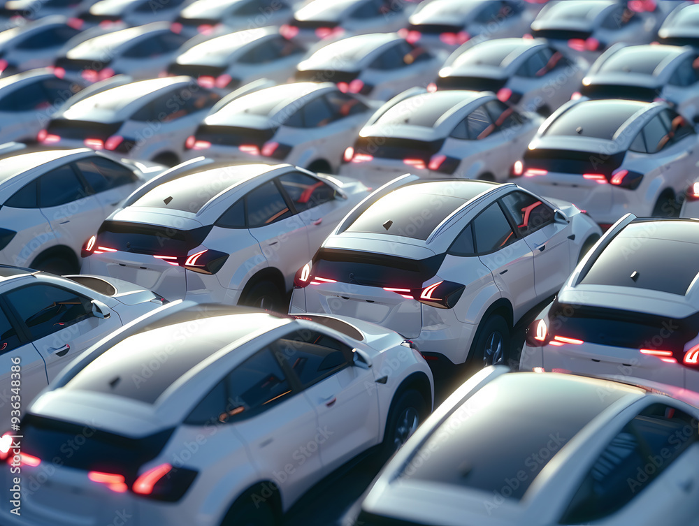 Rows of new white cars at the factory. Neural network AI generated art Rows of new white cars at the factory. Neural network AI generated art
