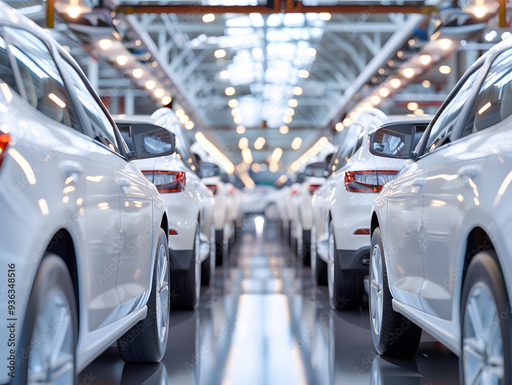 Rows of new white cars at the factory. Neural network AI generated art Rows of new white cars at the factory. Neural network AI generated art