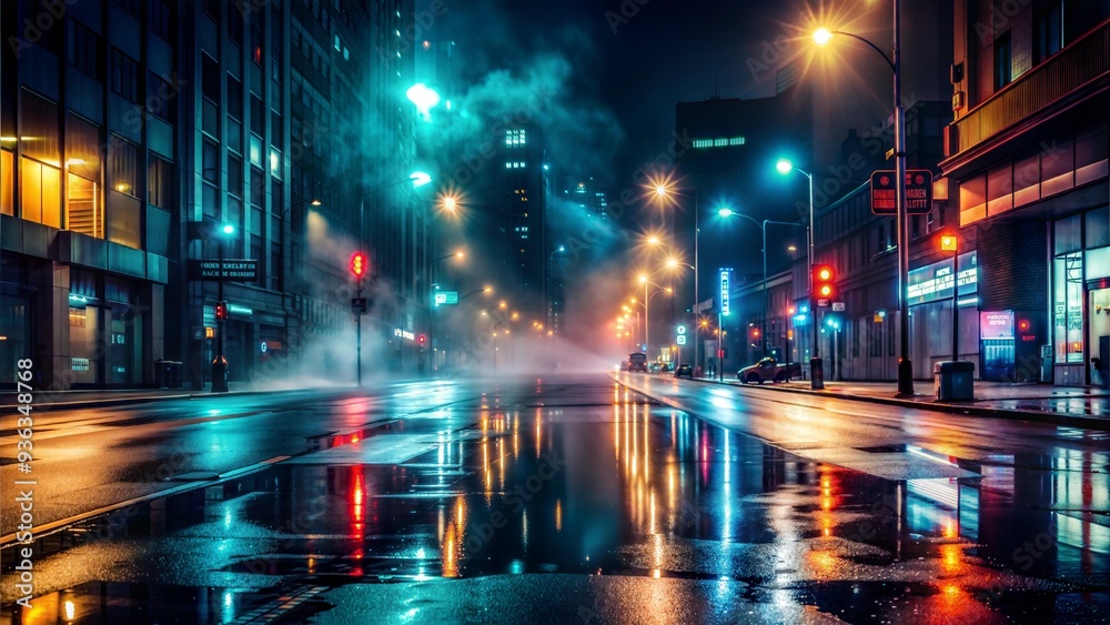 Fototapeta premium Dark and eerie urban scene: wet asphalt reflecting neon lights with a searchlight beam and smoke. Abstract atmospheric street with a mysterious, empty night cityscape in the background