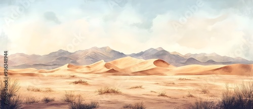 Expansive Watercolor Desert Panorama with Towering Sand Dunes and Muted Earthy Tones