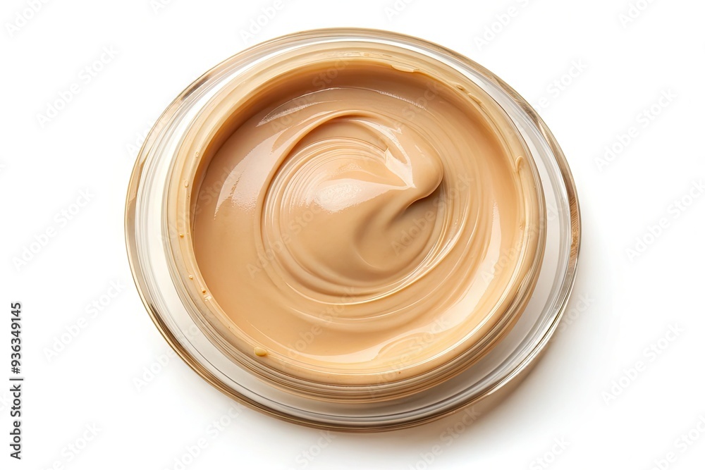 A smooth, creamy dollop of beige foundation lies isolated on a pristine white background, highlighting the product's rich texture and subtle sheen. A smooth, creamy dollop of beige foundation lies isolated on a pristine white background, highlighting the product's rich texture and subtle sheen.