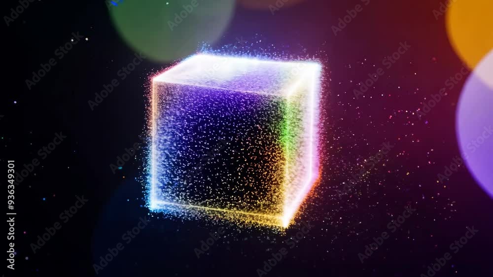 Multicolored Particle Cube with Shifting Hues and Bokeh on Black Background