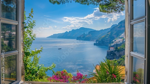  A tranquil mountain lake with deep blue water, nestled between rugged mountain ranges covered in lush green forests.