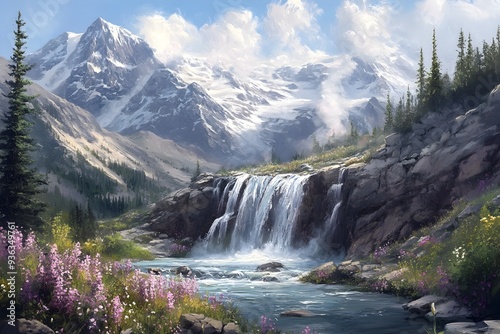 Ethereal Mist Shrouded Glacial Waterfall Cascade Amidst Snow Dusted Alpine Peaks and Ancient Ice Formations