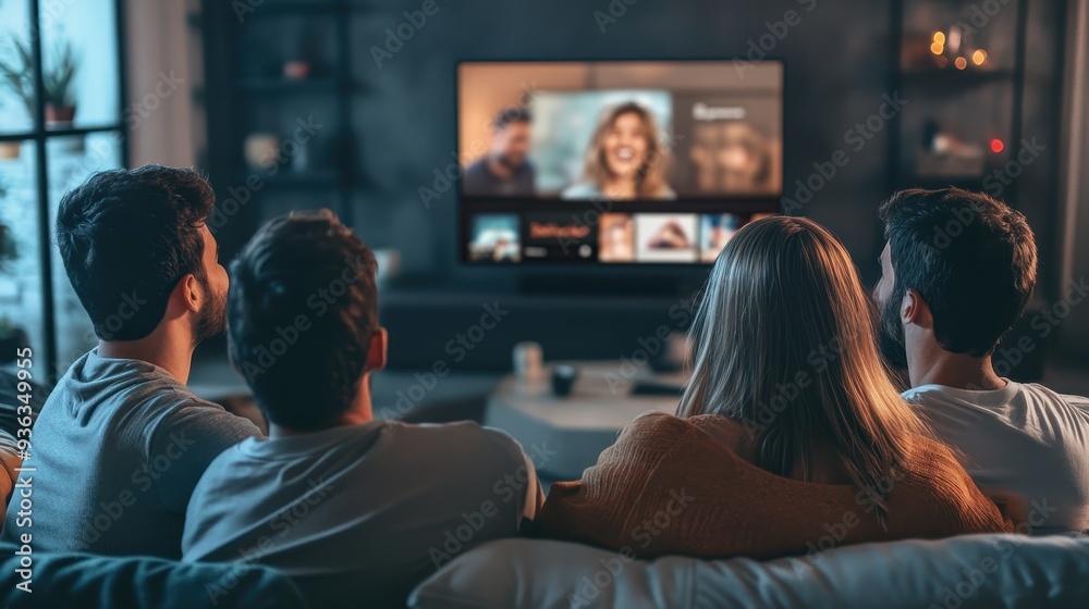 A group of friends enjoys each other's company, laughing while watching a movie in a warm, inviting living room A group of friends enjoys each other's company, laughing while watching a movie in a warm, inviting living room
