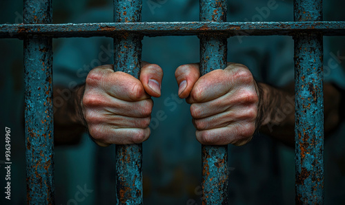 Hands gripping rusty prison bars in a dim cell photo