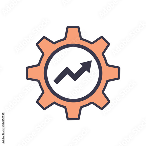 Growth and productivity cogwheel icon. A stylized graphic of a cogwheel with an upward trending arrow inside, symbolizing growth, efficiency, and progress.
