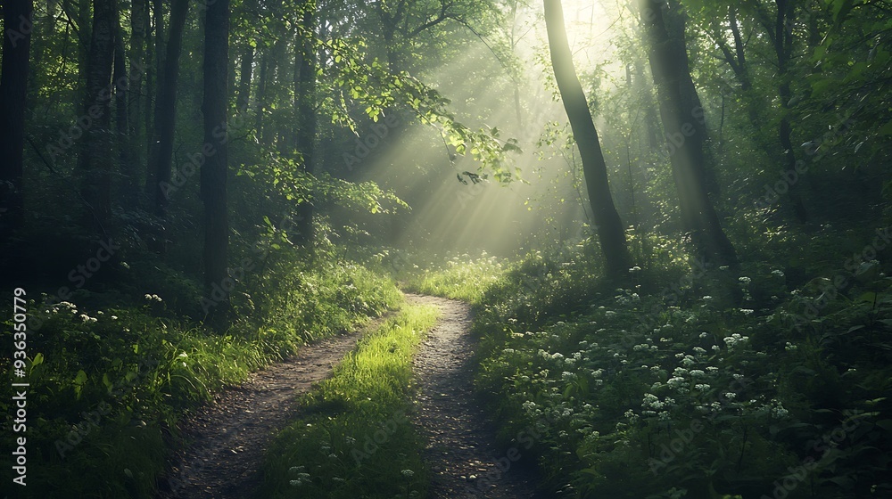 Obraz premium Sunbeams Piercing Through a Misty Forest Path