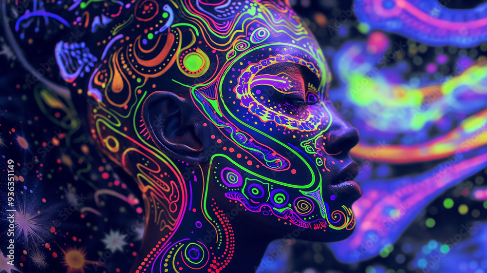 A blacklight poster of the profile view face of an alien goddess, with psychedelic patterns and swirling colors on her head and neck, and stars in space around it. A blacklight poster of the profile view face of an alien goddess, with psychedelic patterns and swirling colors on her head and neck, and stars in space around it.