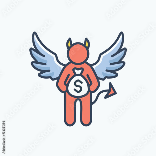 Devil with wings holding money bag. An illustration of a devil with wings holding a money bag. This image is perfect for representing temptation, greed, or the allure of wealth.