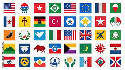 Assorted colorful logos of various political parties from around the world, including flags, symbols, and emblems, isolated on a white background for easy editing. photo