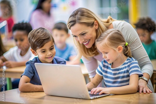 Enthusiastic Teacher Assisting Students with Technology. A cheerful teacher helps two young students as they explore educational content on a laptop in a vibrant, modern classroom.