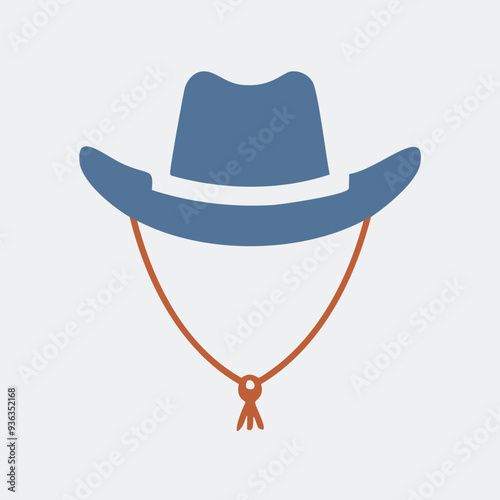 Blue cowboy hat with chin strap. Simple, minimalist illustration of a blue cowboy hat with a brown chin strap. Perfect for western or rustic themed designs.