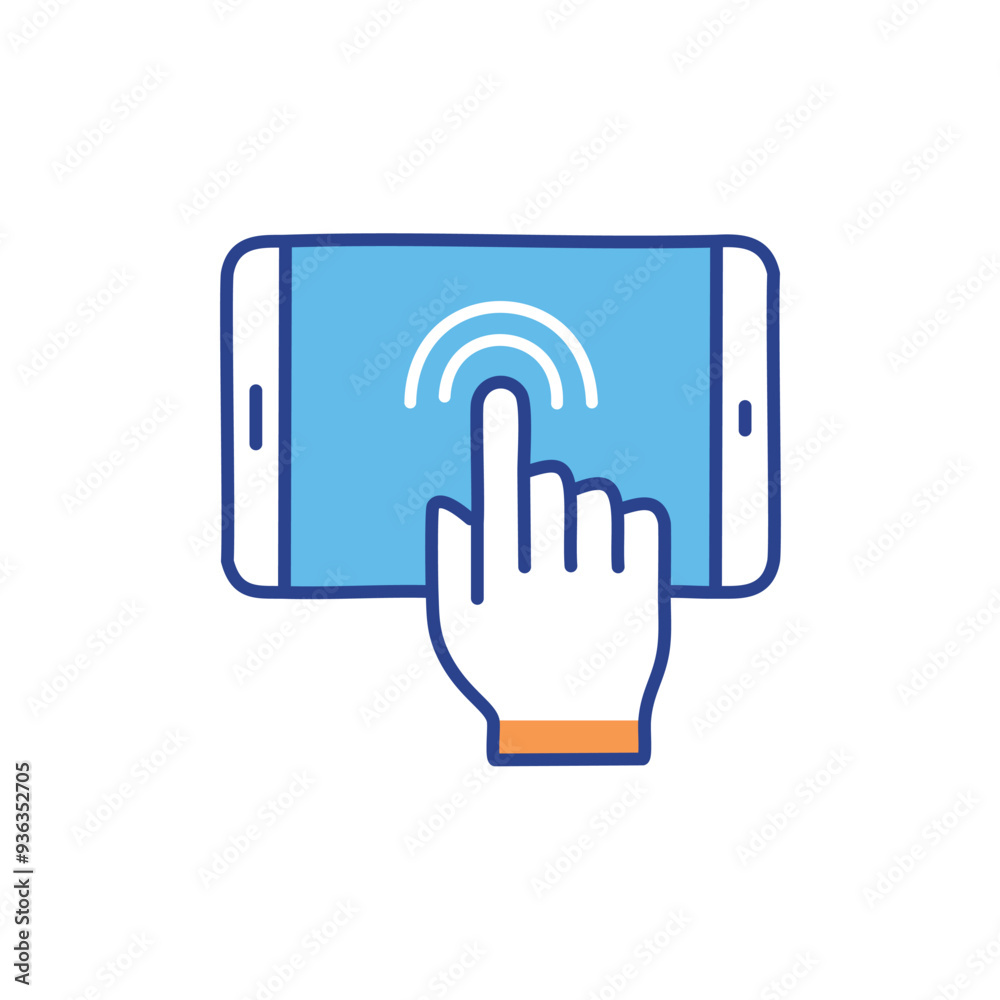 Hand tapping phone screen. Colorful illustration of a hand tapping on a smartphone screen, representing touch interaction and digital engagement.