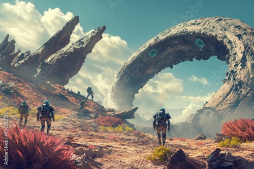 A team of explorers navigates a vibrant alien landscape filled with unusual plants and striking rock formations beneath a clear sky, uncovering the mysteries of this otherworldly terrain photo