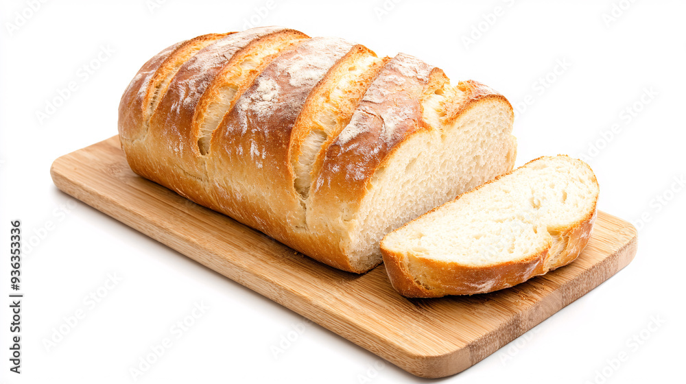 Freshly baked loaf of bread with slices on a wooden board. Perfect for bakery Freshly baked loaf of bread with slices on a wooden board. Perfect for bakery