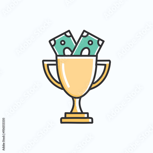 Gold trophy filled with money. A golden trophy with cash spilling out of it, symbolizing financial success and victory.