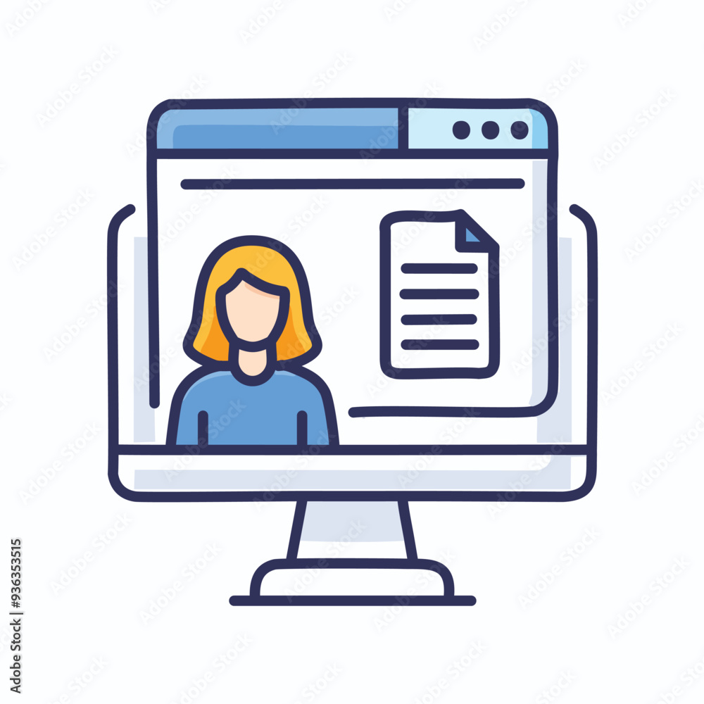 Online profile with document icon. Illustration of a computer screen displaying a female profile with a document icon. Online profile with document icon. Illustration of a computer screen displaying a female profile with a document icon.