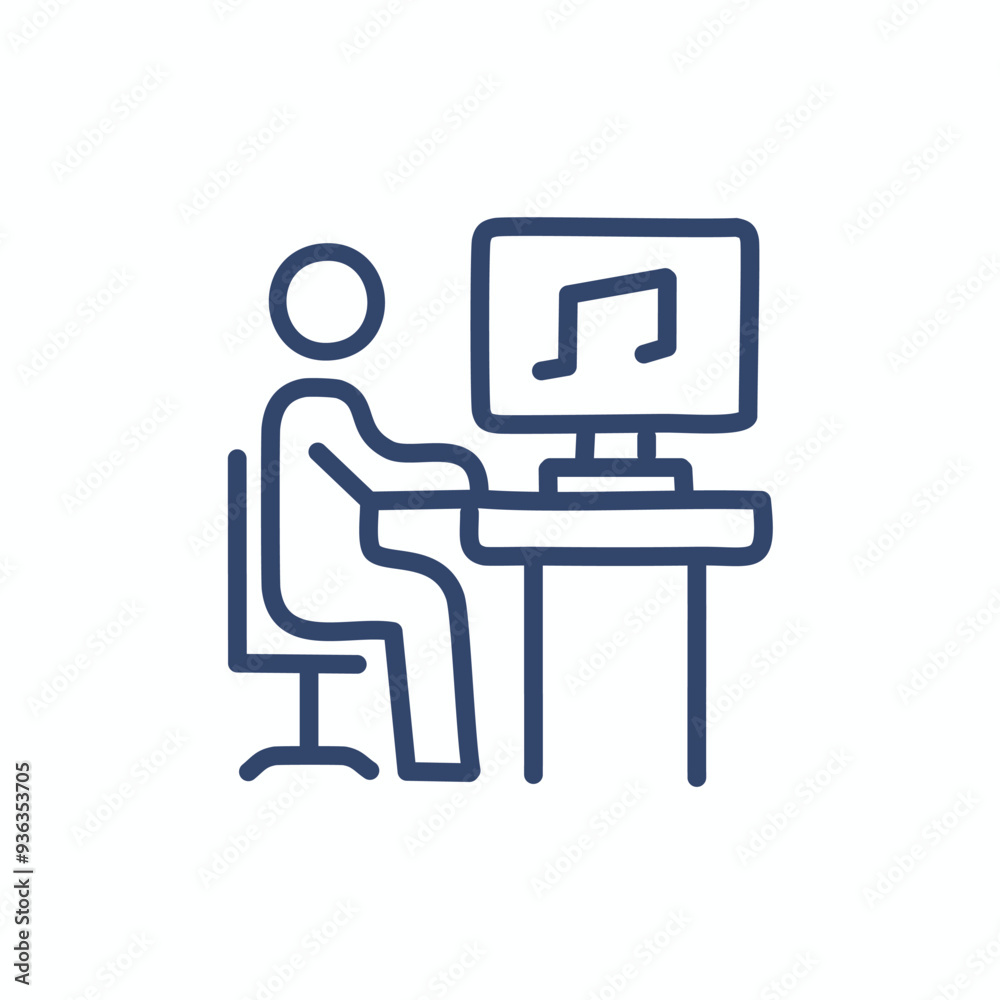 Music production on computer. Line art illustration of a person sitting at a desk in front of a computer screen with a music note symbol displayed. Music production on computer. Line art illustration of a person sitting at a desk in front of a computer screen with a music note symbol displayed.
