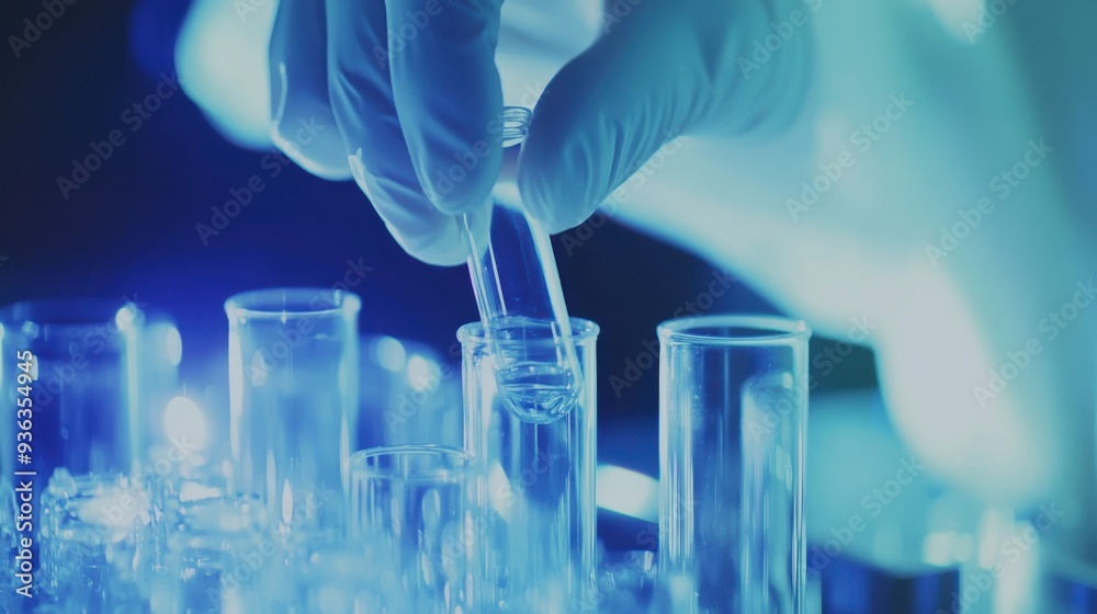 Close-up of scientist's hands with test tubes in lab, double exposure, cinematic lighting