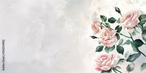 Fototapeta Naklejka Na Ścianę i Meble -  Soft pink roses with green leaves and buds on a textured gray background with copy space. Concept of floral design, romantic background, wedding invitation.