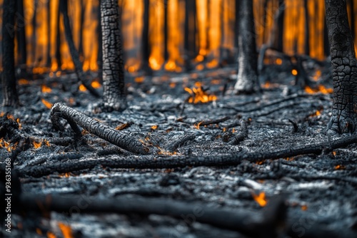 The stark remnants of a forest devastated by wildfire reveal scorched trees and charred earth, illustrating the destruction and resilience of nature after a summer blaze photo