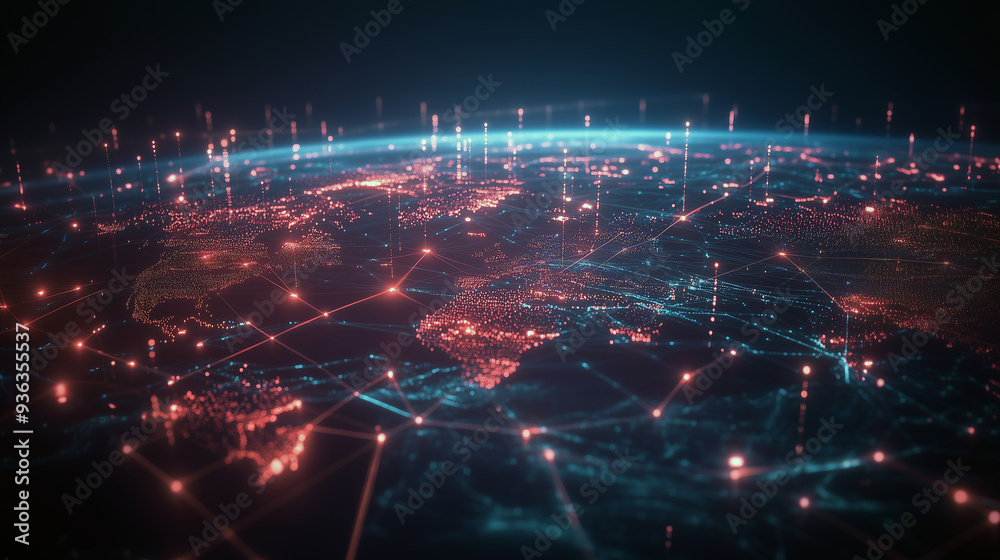Global digital economy network interconnected cities across continents represented by glowing data streams. Flow of transactions, economic activities around the world, integration of global markets. Global digital economy network interconnected cities across continents represented by glowing data streams. Flow of transactions, economic activities around the world, integration of global markets.