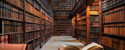Grand law library with towering shelves filled with leather-bound legal books, warm lighting creating an atmosphere of knowledge and tradition, law study, classic law library