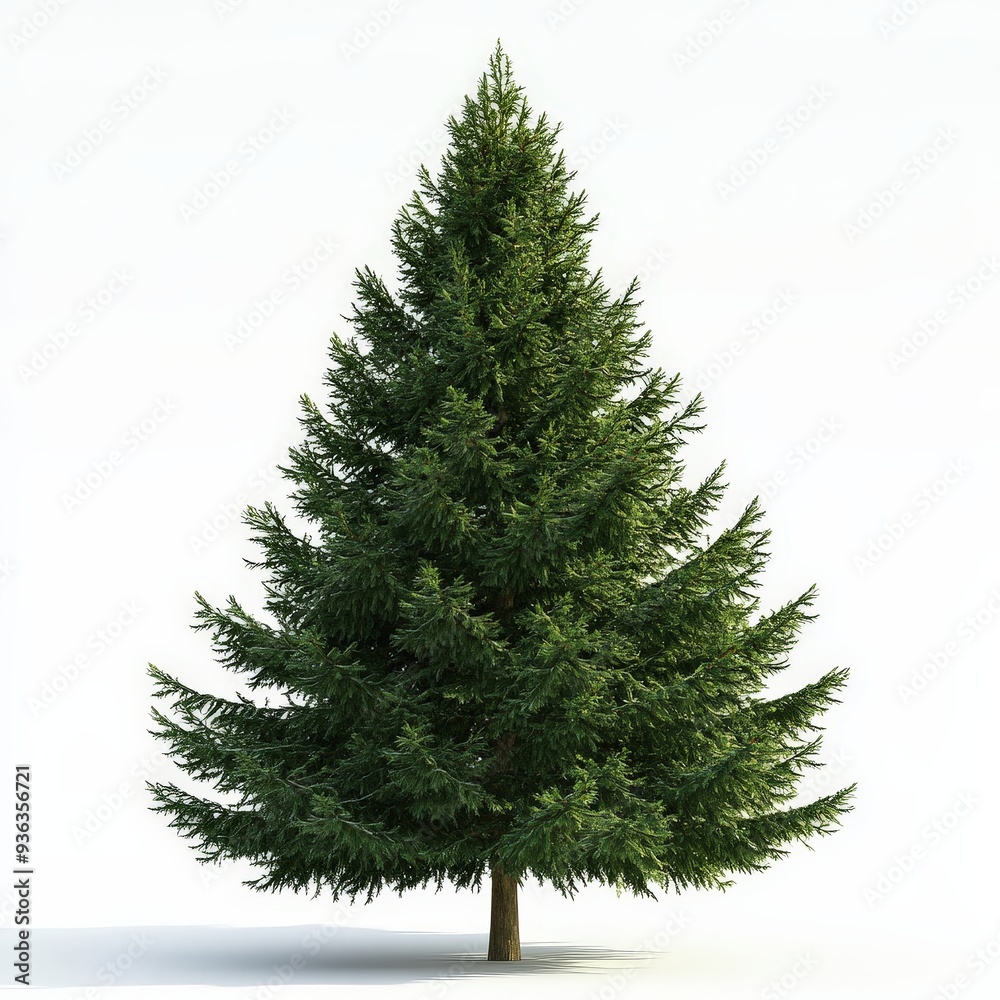 Fototapeta premium A tall, green pine tree stands alone on a white background