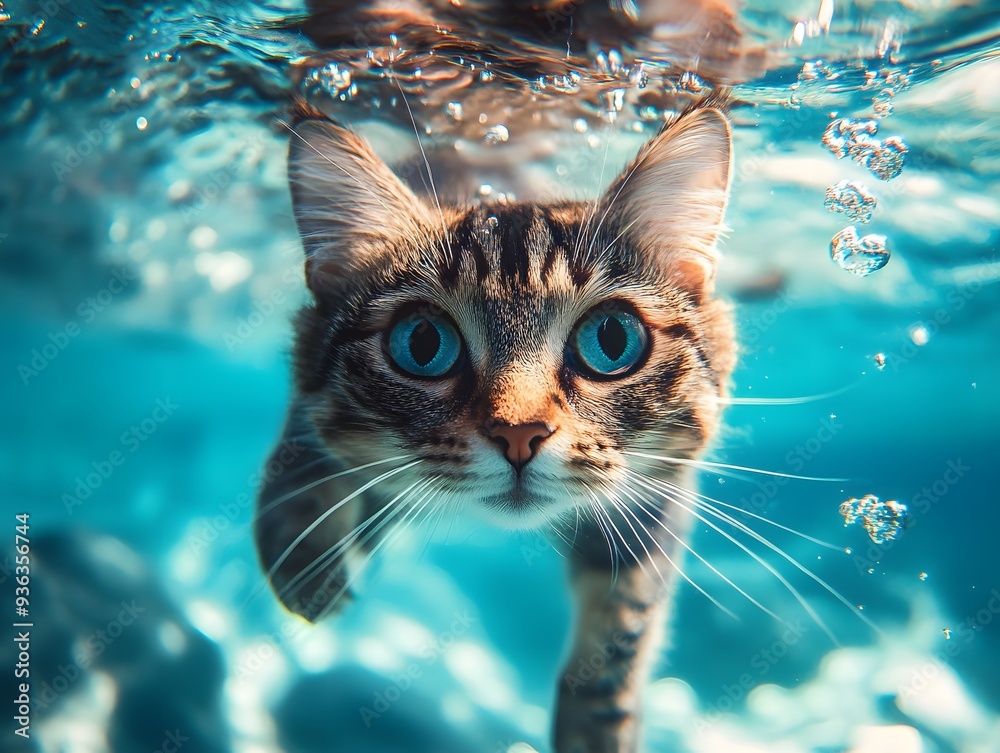 A cat swimming gracefully under the water in a beautiful underwater world. A cat swimming gracefully under the water in a beautiful underwater world.