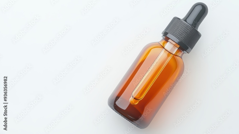 A bottle of essential oil is sitting on a white background A bottle of essential oil is sitting on a white background
