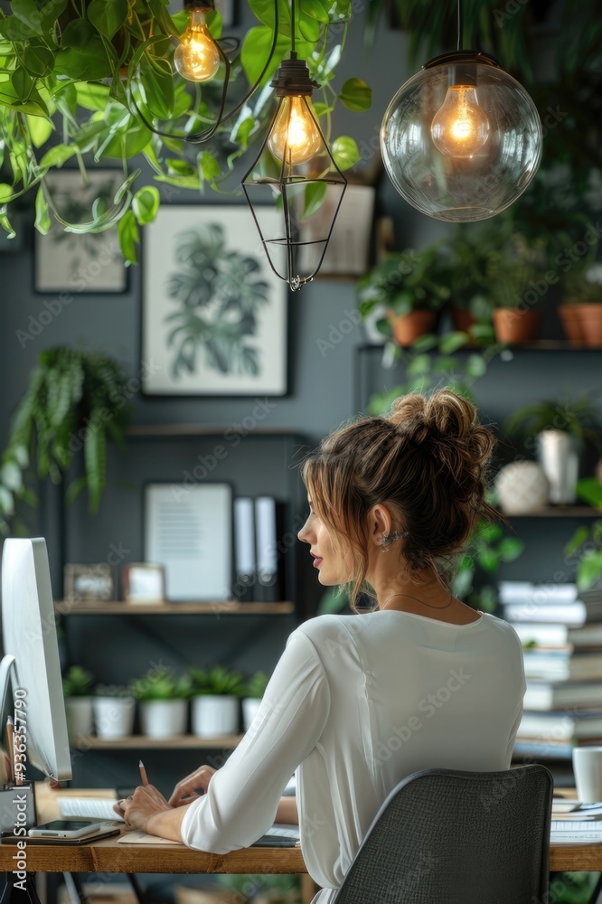 A woman is sitting at a desk with a computer monitor in front of her A woman is sitting at a desk with a computer monitor in front of her