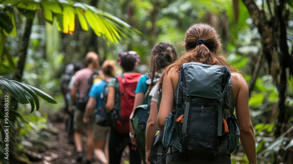 A group of tourists traverses a green jungle trail, enjoying the immersive experience of nature and adventure together A group of tourists traverses a green jungle trail, enjoying the immersive experience of nature and adventure together