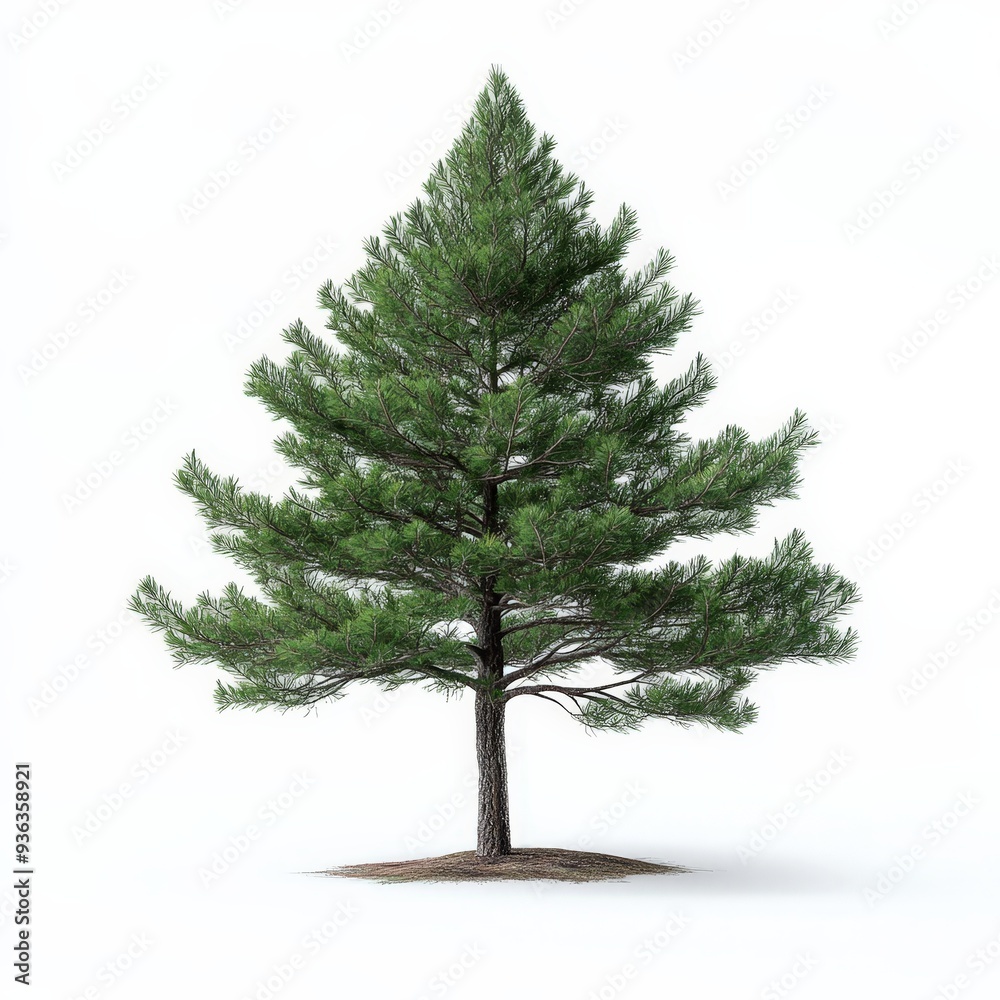 A tall green tree stands alone on a white background