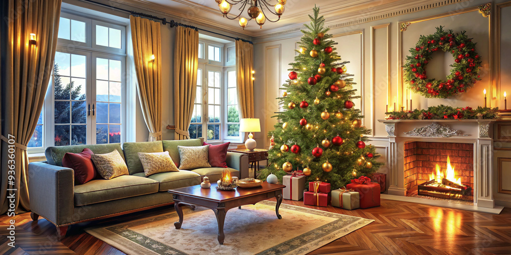 Bright cozy living room with a large elegant Christmas tree, decorated for Christmas