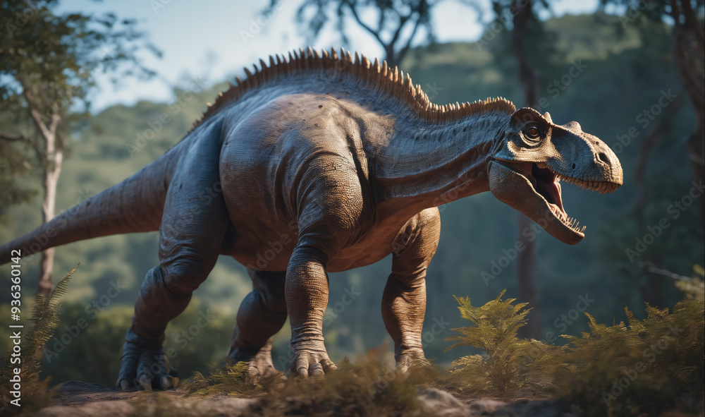 Fototapeta premium A large dinosaur with sharp teeth walks through the forest, its head tilted back, looking for prey