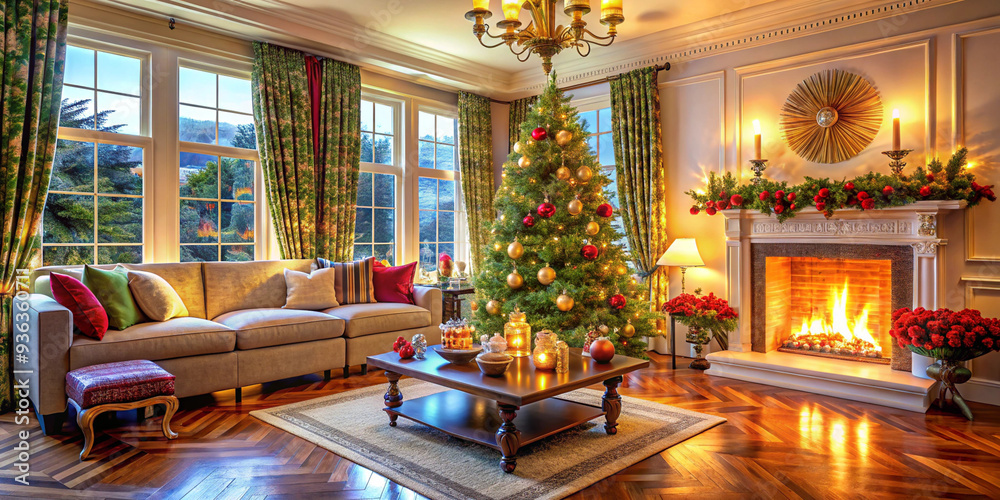 Bright cozy living room with a large elegant Christmas tree, decorated for Christmas Bright cozy living room with a large elegant Christmas tree, decorated for Christmas