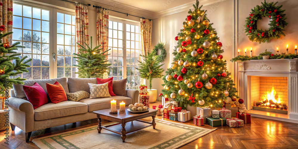 Bright cozy living room with a large elegant Christmas tree, decorated for Christmas Bright cozy living room with a large elegant Christmas tree, decorated for Christmas