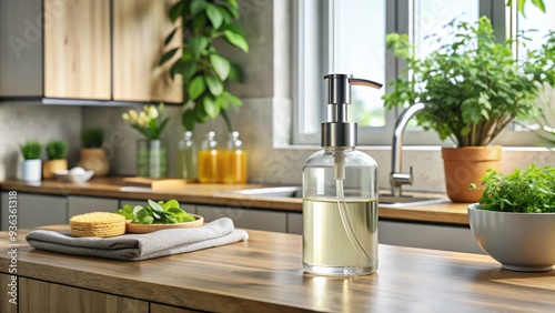 A tidy kitchen scene features a sleek liquid soap dispenser on the counter, with a clear bottle of soap beside it, awaiting its next use.