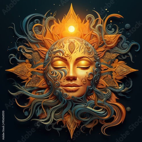 A stylized bohemian sun face with intricate patterns and flowing hair, surrounded by ornate designs and celestial elements. The color palette features warm golds and deep.