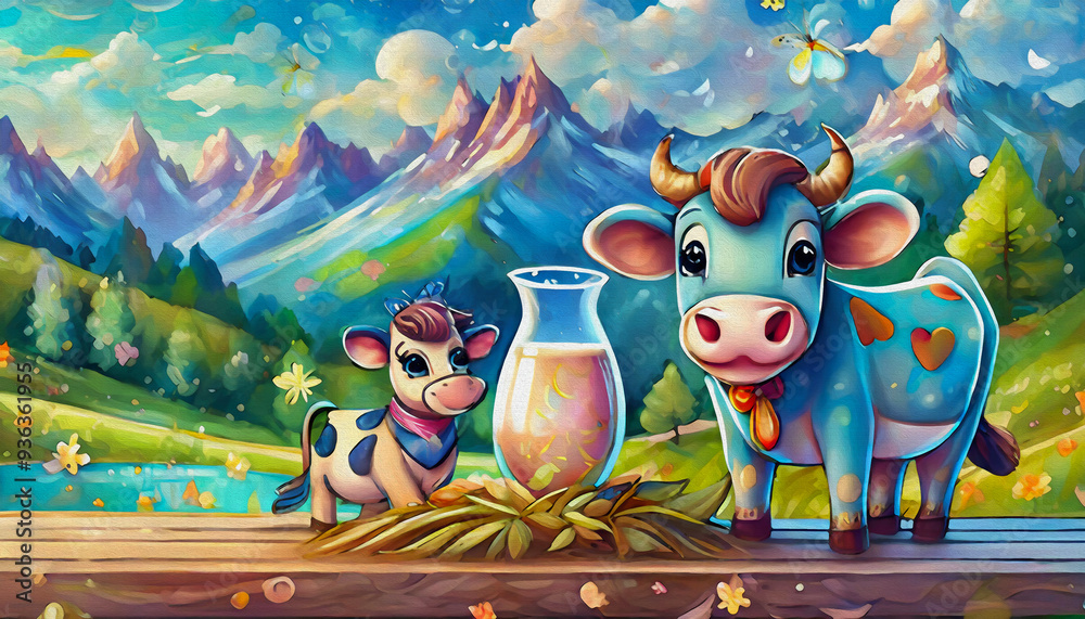 Fototapeta premium OIL PAINTING STYLE Cartoon character Milk with hay on wooden table and cute cow grazing in meadow