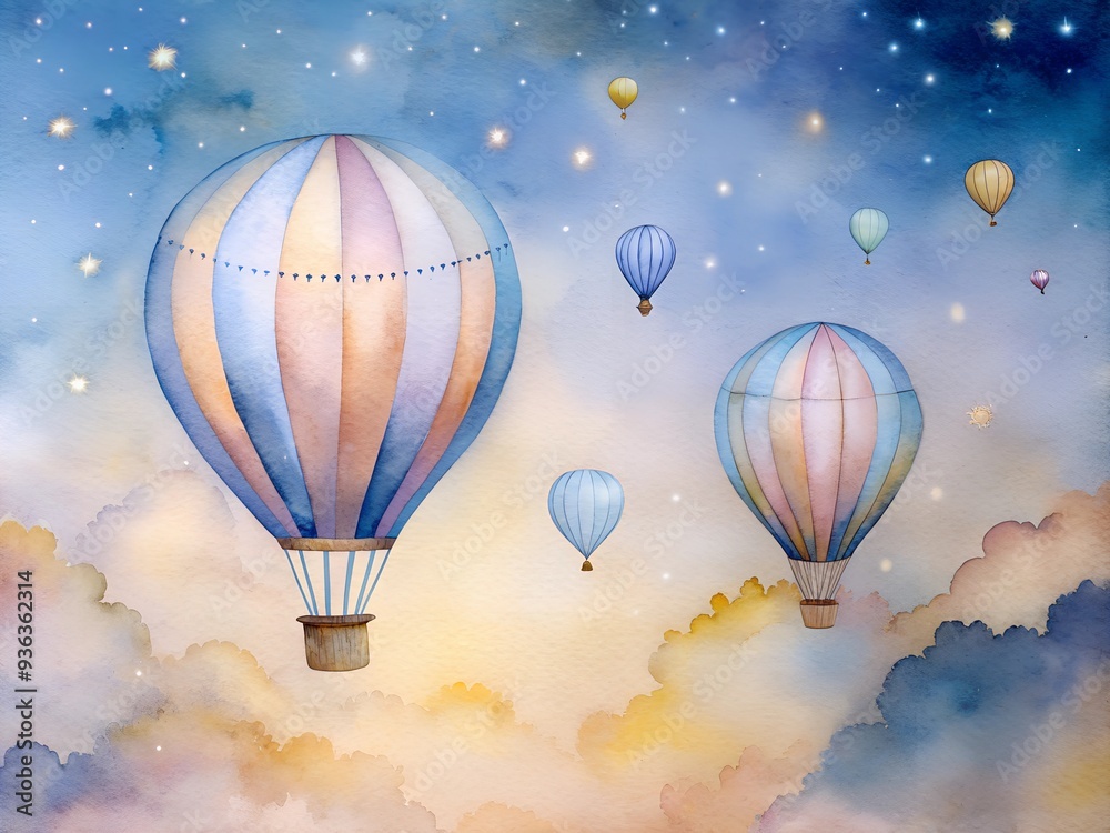 Obraz premium mural balloons flying in the sky around the stars, wallpaper for a children's room