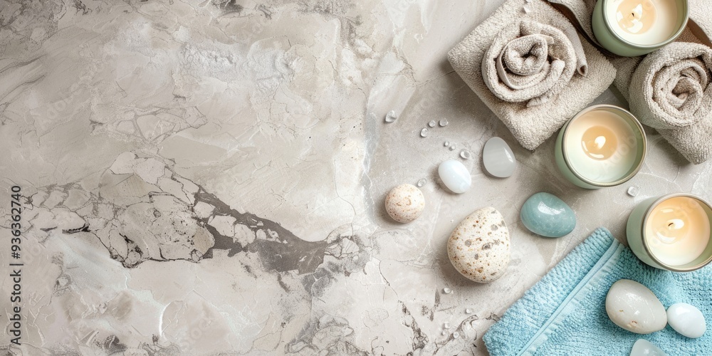 horizontal banner, spa treatment set, beauty, cosmetology and body care concept, light stone gray background, top view, blue, copy space, free space for text horizontal banner, spa treatment set, beauty, cosmetology and body care concept, light stone gray background, top view, blue, copy space, free space for text