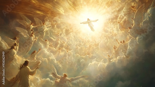 Jesus Christ Ascending to Heaven with Angels Surrounding Him photo