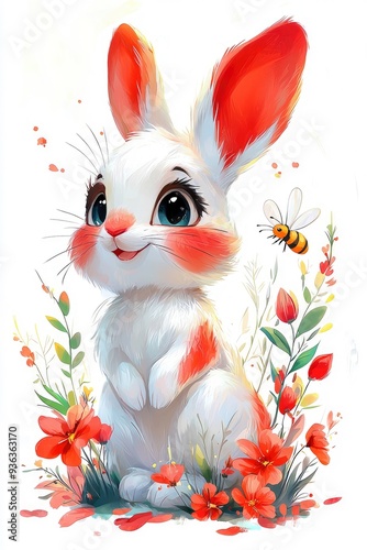 Cute Cartoon Rabbit with Red