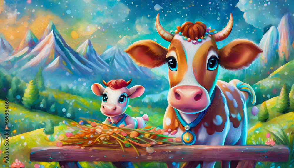 Φωτογραφία OIL PAINTING STYLE Cartoon character Milk with hay on wooden table and cute cow